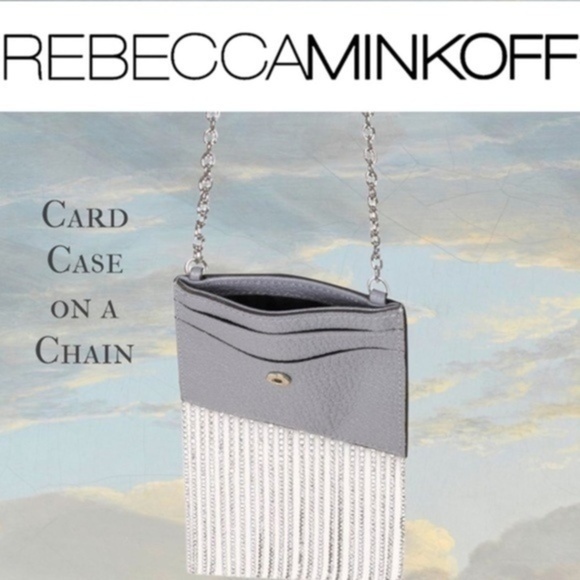 REBECCA MINKOFF Rhinestone-Fringe Leather Card Case-Silver Detachable Strap NWT - Picture 1 of 16